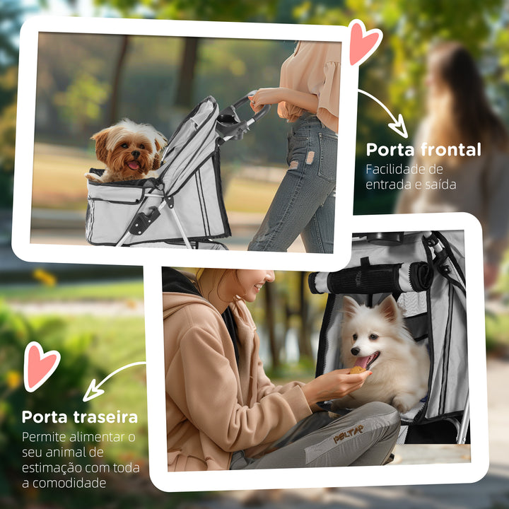 Carrinho Dobrável Animais de Estimação 75x45x97 cm Cão Gato Carrinho Rodas Giram 360º Cinzento