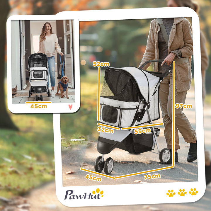 Carrinho Dobrável Animais de Estimação 75x45x97 cm Cão Gato Carrinho Rodas Giram 360º Cinzento