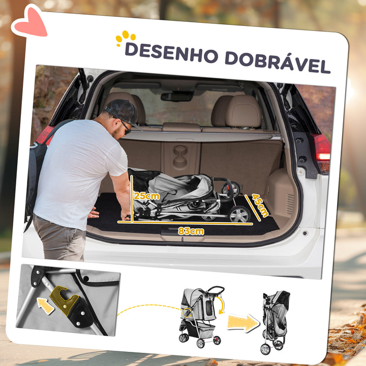 Carrinho Dobrável Animais de Estimação 75x45x97 cm Cão Gato Carrinho Rodas Giram 360º Cinzento
