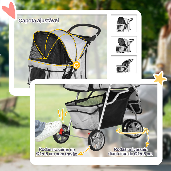 Carrinho Dobrável Animais de Estimação 75x45x97 cm Cão Gato Carrinho Rodas Giram 360º Cinzento