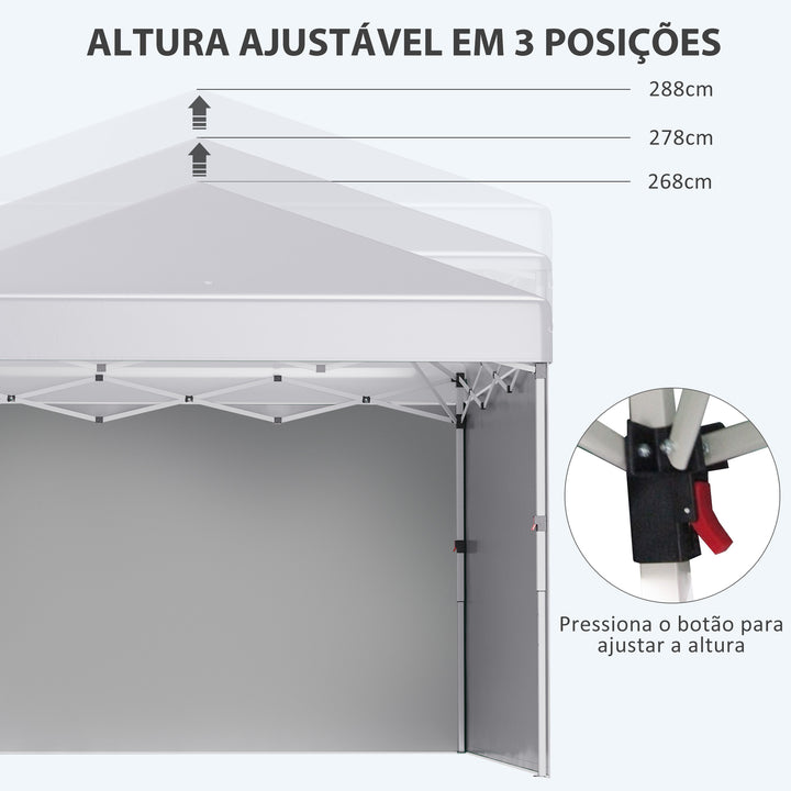 Tenda Dobrável Pop-up 297x297x288 cm Tenda para Eventos com 2 Paredes Laterais Anti-UV Altura Ajustável em 3 Níveis Sacos de Areia e Bolsa de Transporte com Rodas para Campismo Festas Branco