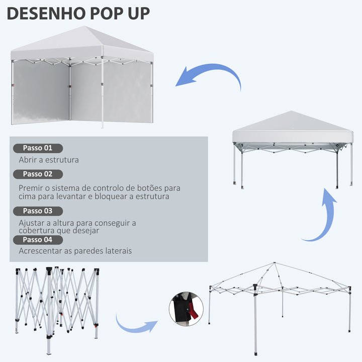Tenda Dobrável Pop-up 297x297x288 cm Tenda para Eventos com 2 Paredes Laterais Anti-UV Altura Ajustável em 3 Níveis Sacos de Areia e Bolsa de Transporte com Rodas para Campismo Festas Branco