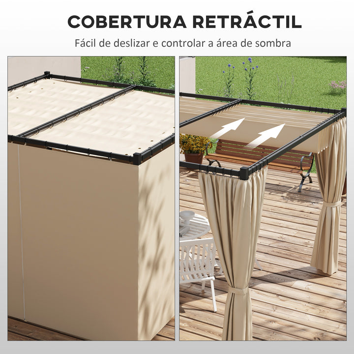Pérgola de Jardim 3x3 m Pérgola para Exterior com Teto e Paredes Laterais Retráteis Estrutura Metálica Impermeável para Terraço Pátio Bege