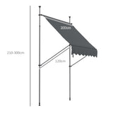 Toldo Manual Retrátil com Manivela 200x120x210-300 cm Toldo para Varanda com Altura Ajustável Impermeável e Anti-UV para Jardim Terraço Cinza Escuro