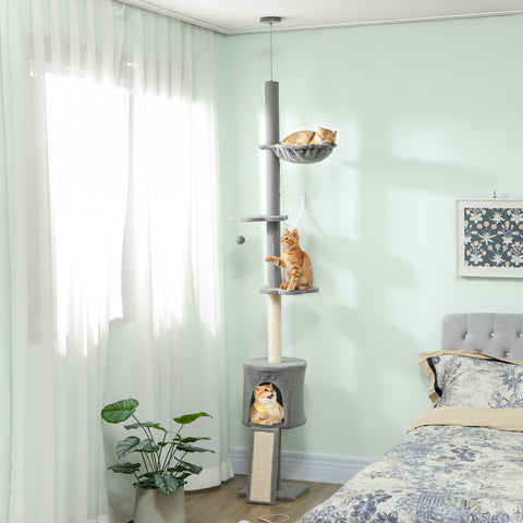 Arranhador para Gatos de Chão a Teto Altura Ajustável de 220-240 cm Torre para Gatos com Rede Plataformas em Flor Cavernas Rampa e Bola Cinza Claro