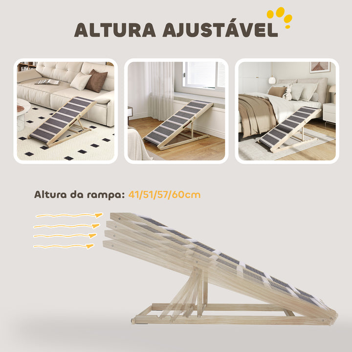 Rampa para Cães Dobrável e com Altura Ajustável 41-60 cm Rampa para Animais de Estimação de Madeira com Tapete Antiderrapante para Cães Pequenos Médios e Grandes 120x50x60 cm Madeira e Cinza