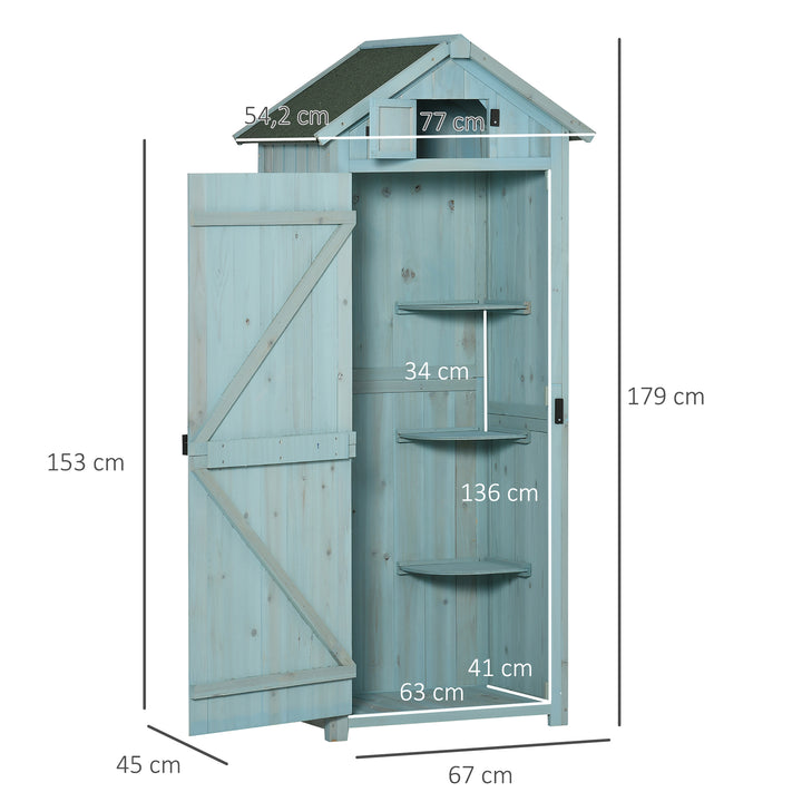 Armário de Jardim de Madeira 77x54,2x179 cm 0,3 m² Armário de Armazenamento de Ferramentas com 3 Prateleiras e 2 Portas com Fechadura para Pátio Varanda Azul Claro