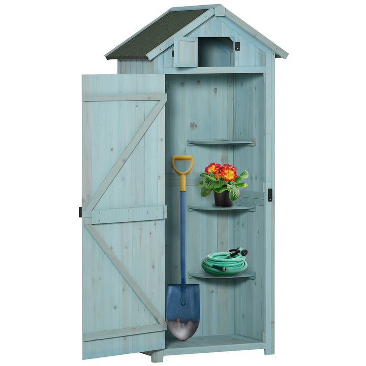 Armário de Jardim de Madeira 77x54,2x179 cm 0,3 m² Armário de Armazenamento de Ferramentas com 3 Prateleiras e 2 Portas com Fechadura para Pátio Varanda Azul Claro