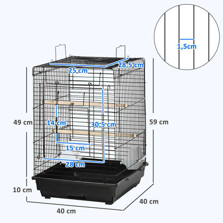 Gaiola para Pássaros Gaiola Metálica para Pássaros 40x40x59 cm com Teto Abatível 2 Poleiros 2 Comedouros e Bandeja Amovível para Canários Periquitos Preto