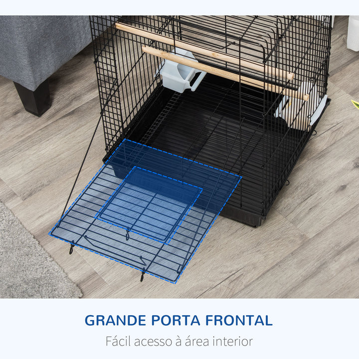 Gaiola para Pássaros Gaiola Metálica para Pássaros 40x40x59 cm com Teto Abatível 2 Poleiros 2 Comedouros e Bandeja Amovível para Canários Periquitos Preto
