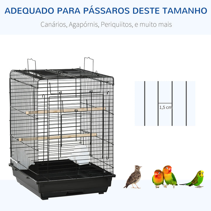 Gaiola para Pássaros Gaiola Metálica para Pássaros 40x40x59 cm com Teto Abatível 2 Poleiros 2 Comedouros e Bandeja Amovível para Canários Periquitos Preto