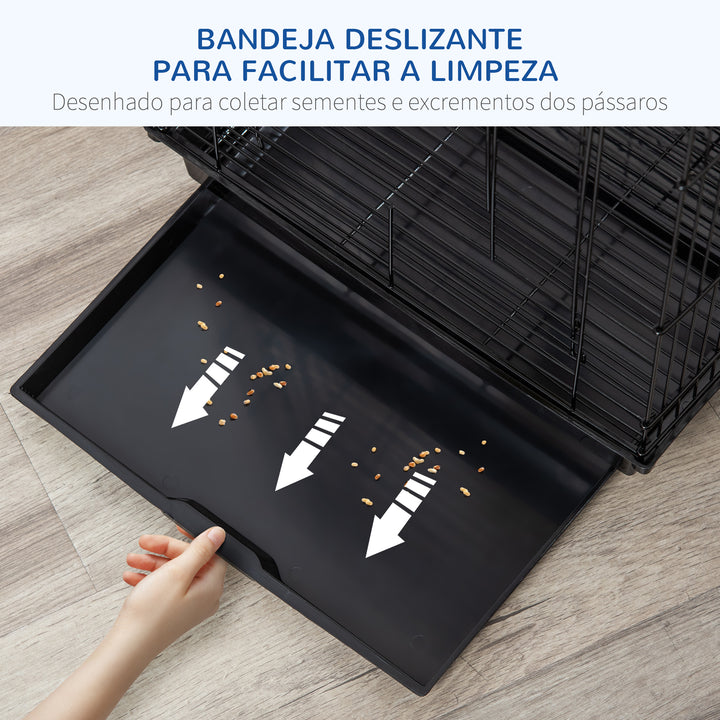Gaiola para Pássaros Gaiola Metálica para Pássaros 40x40x59 cm com Teto Abatível 2 Poleiros 2 Comedouros e Bandeja Amovível para Canários Periquitos Preto