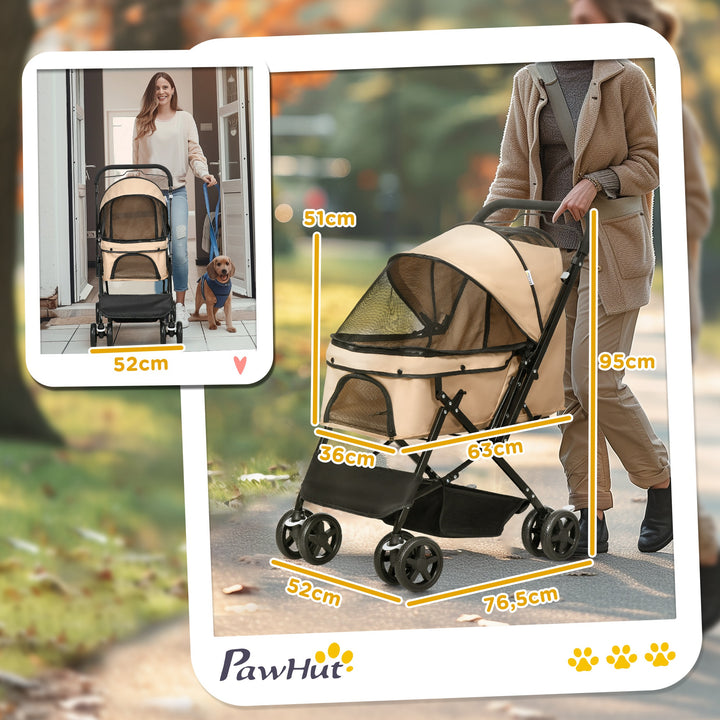 Carrinho para Animais de Estimação Dobrável Carro para Cães e Gatos com Capô Ajustável Cesta de Armazenamento Cinto de Segurança Tecido Oxford 600D Aço 76,5x52x95 cm Marrom Claro