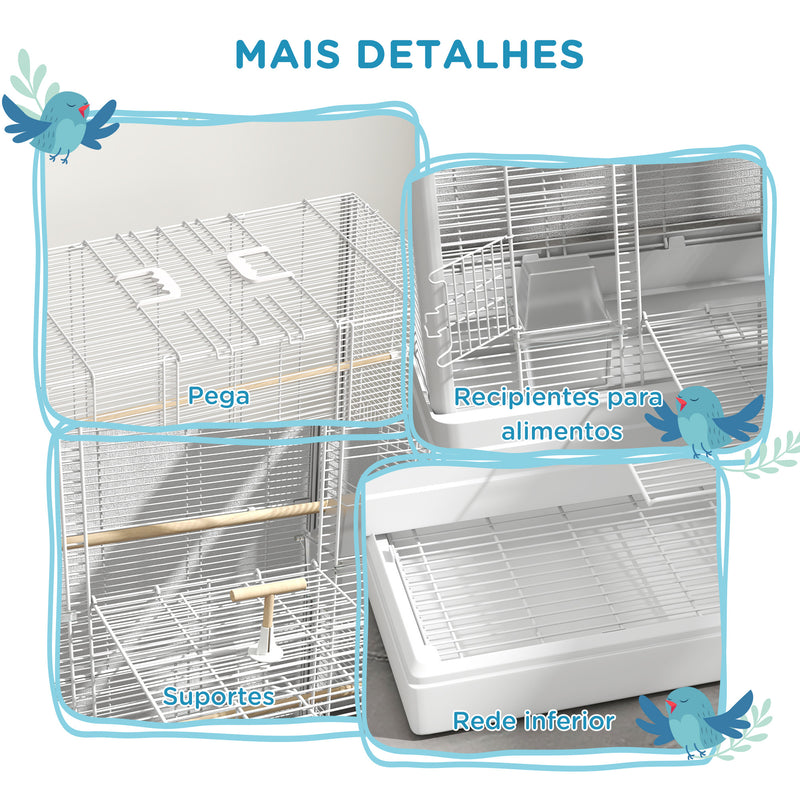 Gaiola para Pássaros 61x36,5x98 cm Gaiola para Aves com Portas Poleiros Bandeja Removível Caixas de Comida e Alças para Canários Periquitos Branco