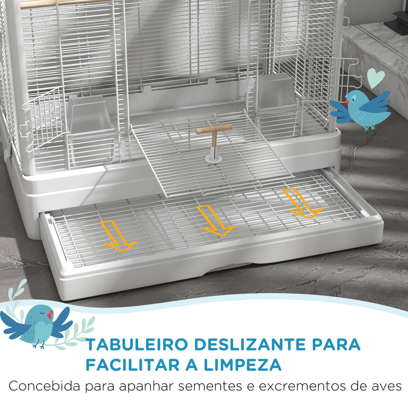 Gaiola para Pássaros 61x36,5x98 cm Gaiola para Aves com Portas Poleiros Bandeja Removível Caixas de Comida e Alças para Canários Periquitos Branco