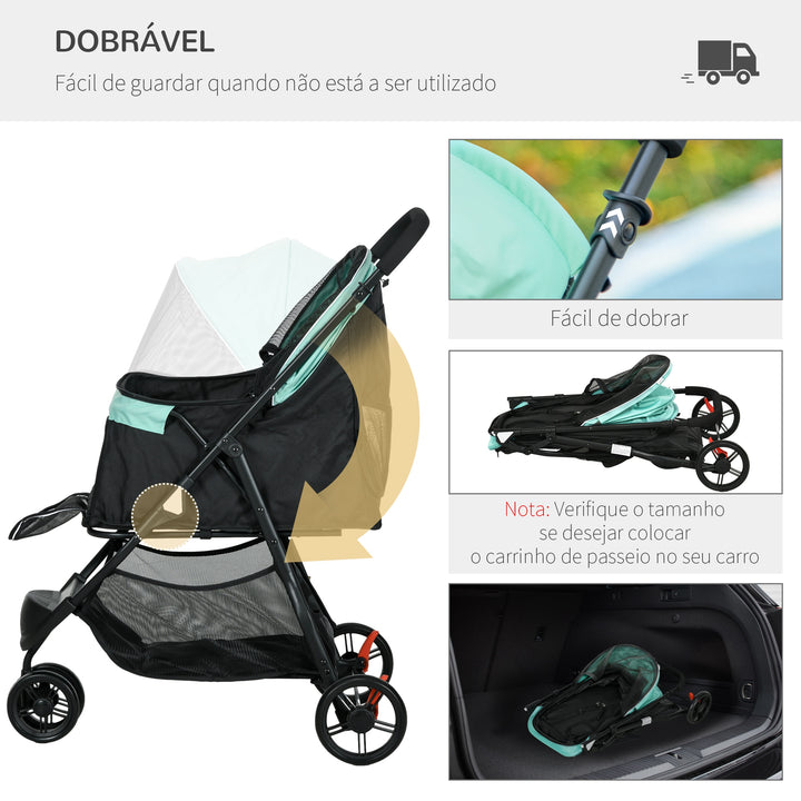 Carrinho para Cães Dobrável Carrinho para Animais de Estimação Carrinho para Cães Pequenos com Cesta de Armazenamento Janela de Malha Capa para Chuva e 2 Rodas Universais 80,5x51,5x100 cm Verde