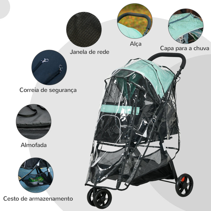 Carrinho para Cães Dobrável Carrinho para Animais de Estimação Carrinho para Cães Pequenos com Cesta de Armazenamento Janela de Malha Capa para Chuva e 2 Rodas Universais 80,5x51,5x100 cm Verde