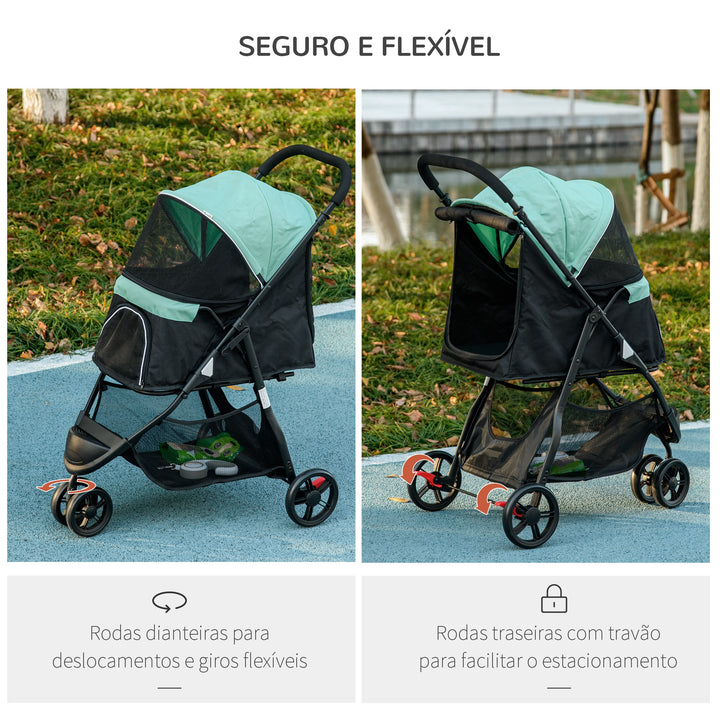 Carrinho para Cães Dobrável Carrinho para Animais de Estimação Carrinho para Cães Pequenos com Cesta de Armazenamento Janela de Malha Capa para Chuva e 2 Rodas Universais 80,5x51,5x100 cm Verde