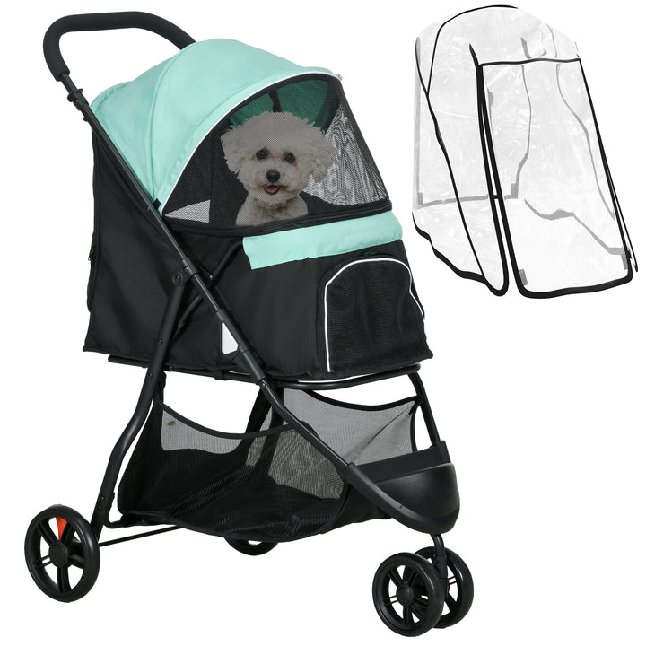 Carrinho para Cães Dobrável Carrinho para Animais de Estimação Carrinho para Cães Pequenos com Cesta de Armazenamento Janela de Malha Capa para Chuva e 2 Rodas Universais 80,5x51,5x100 cm Verde