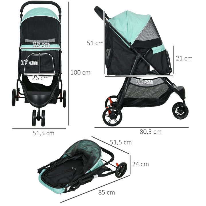 Carrinho para Cães Dobrável Carrinho para Animais de Estimação Carrinho para Cães Pequenos com Cesta de Armazenamento Janela de Malha Capa para Chuva e 2 Rodas Universais 80,5x51,5x100 cm Verde