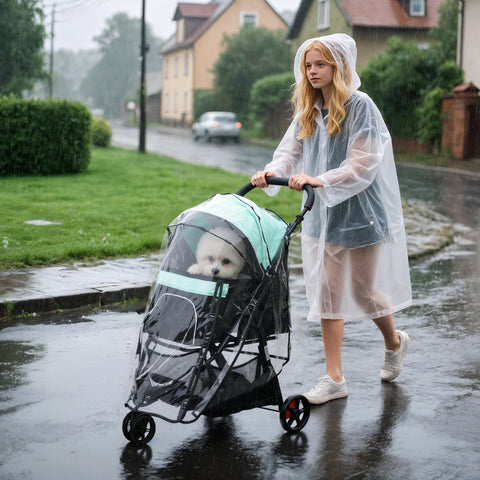 Carrinho para Cães Dobrável Carrinho para Animais de Estimação Carrinho para Cães Pequenos com Cesta de Armazenamento Janela de Malha Capa para Chuva e 2 Rodas Universais 80,5x51,5x100 cm Verde