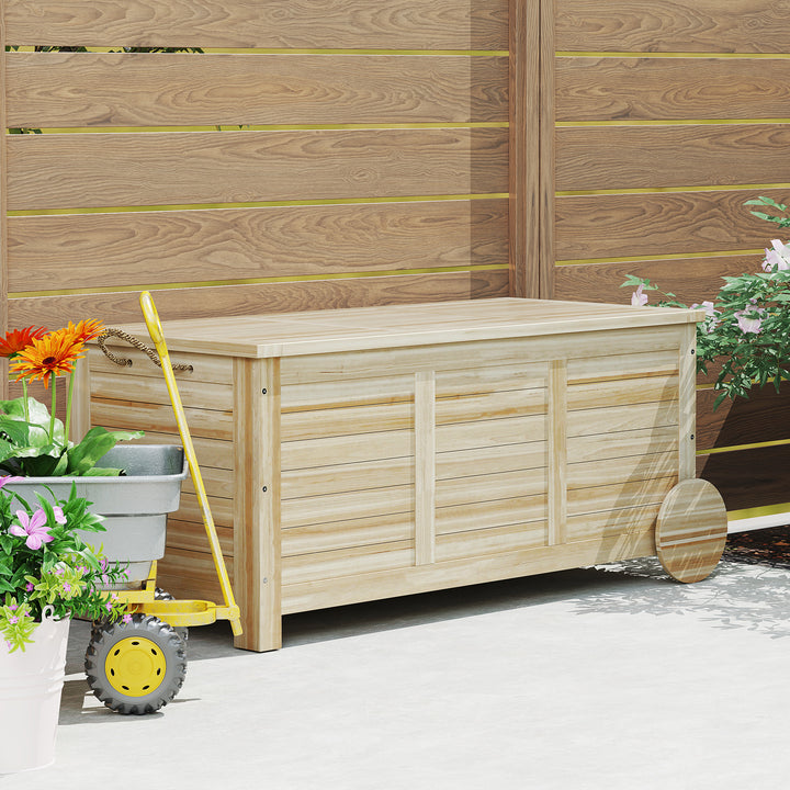 Baú de Arrumação Exterior 185L Baú de Jardim de Madeira Impermeável com Tampa Amovível 2 Rodas Cordas de Linho Dobradiças Metálicas e Forro Interno 110x50x50 cm Madeira