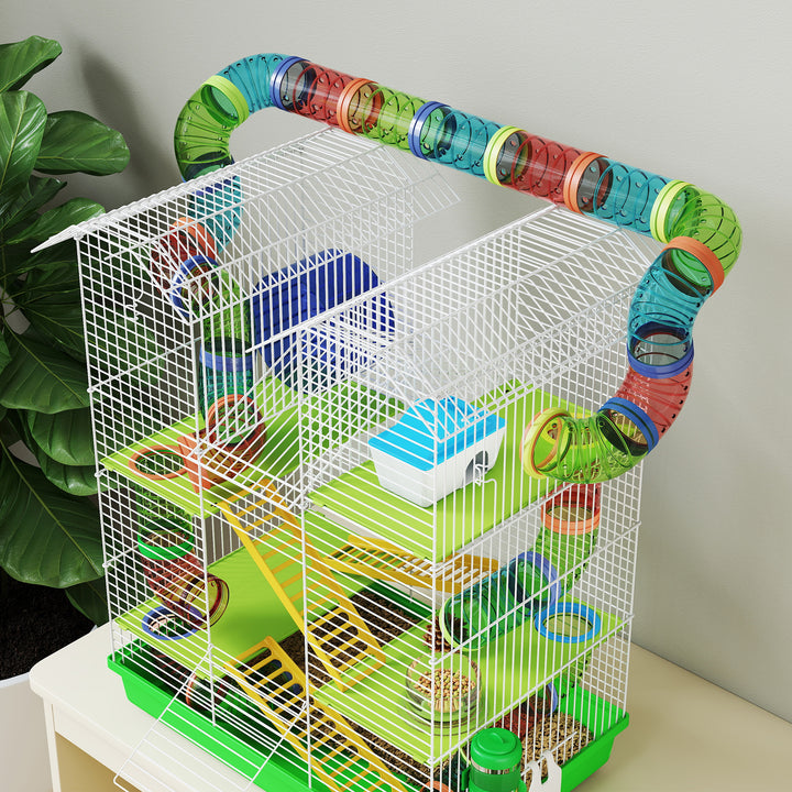 Gaiola para Hamster de 5 Níveis 47x30x59 cm Casa para Animais Pequenos com Túneis Tigela Bebedouro Casinha Roda de Exercício Rampas para Hamsters e Gerbos Verde