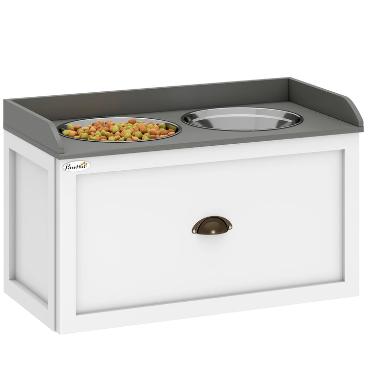 Comedouro Elevado para Cães Comedouro para Cães com 2 Tigelas 2000ml de Aço Inoxidável Gaveta Oculta com Suporte de Madeira para Animais de Estimação 60x30x36cm Branco