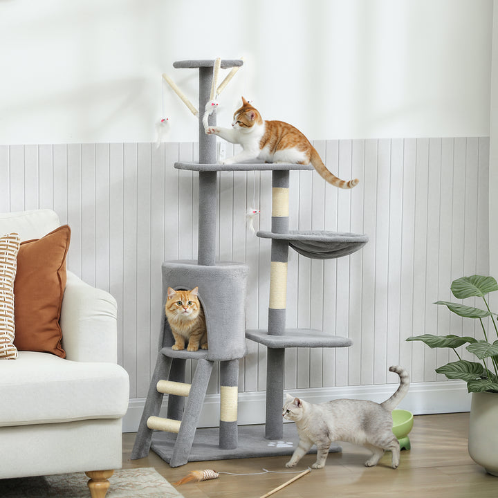 Arranhador para Gatos de 134 cm Torre para Gatos com Caverna Plataformas Rato de Brinquedo Rede e Postes de Sisal 60x35x134 cm Cinzento