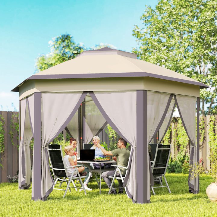 Tenda Dobrável 4x3,4 m Tenda de Jardim Hexagonal com Duplo Teto 6 Mosquiteiras Destacáveis e Saco de Transporte Impermeável Anti-UV para Exterior Festas Castanho e Bege