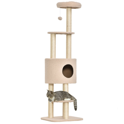 Arranhador para Gatos Altura 148 cm Arranhador para Gatos com Postes de Sisal 3 Plataformas Casa e Bola Suspensa Bege