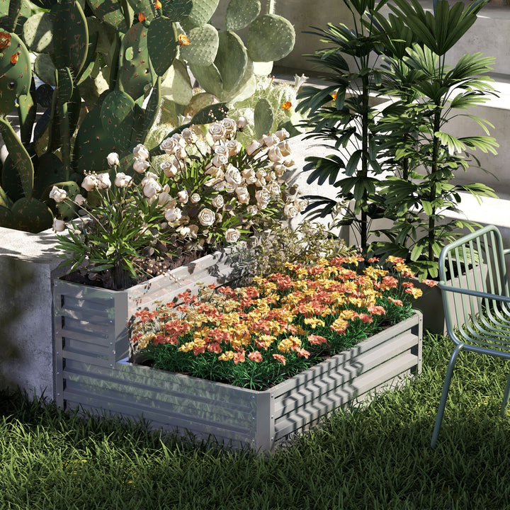 Caixa de Cultivo de 2 Níveis em Aço Galvanizado Floreira Exterior com Design em Escada e Fundo Aberto para Cultivo Plantas Herbári, para Terraço Jardim 120x101x58 cm Prata