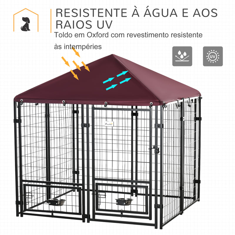 Parque para Cães com 8 Painéis Recinto para Cães Metálico de Exterior com 2 Suportes Giratórios para Comida 2 Tigelas e Toldo Impermeável e Anti-UV 141x141x153 cm Preto e Vermelho