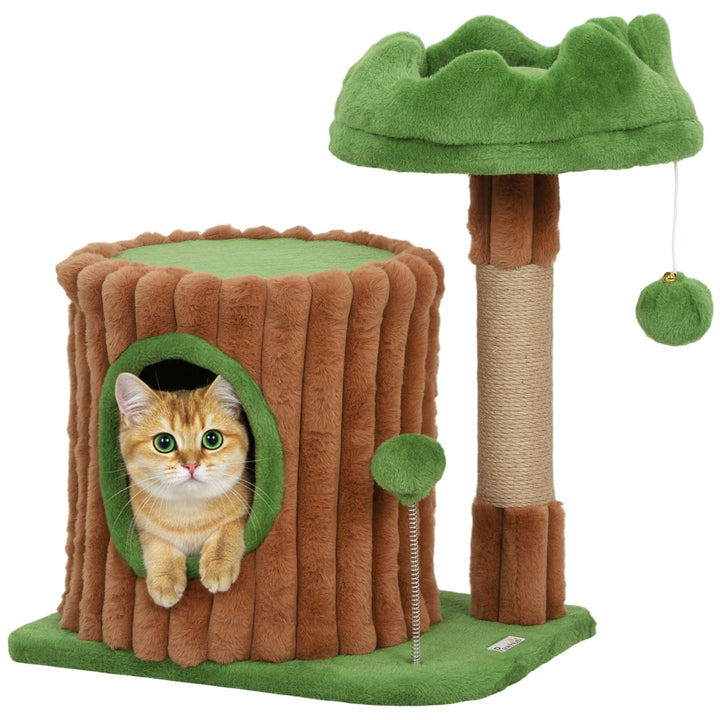 Arranhador para Gatos 53 cm Design de Tronco Torre Escaladora com Cama Caverna Poste de Juta Bolas Penduradas Castanho e Verde