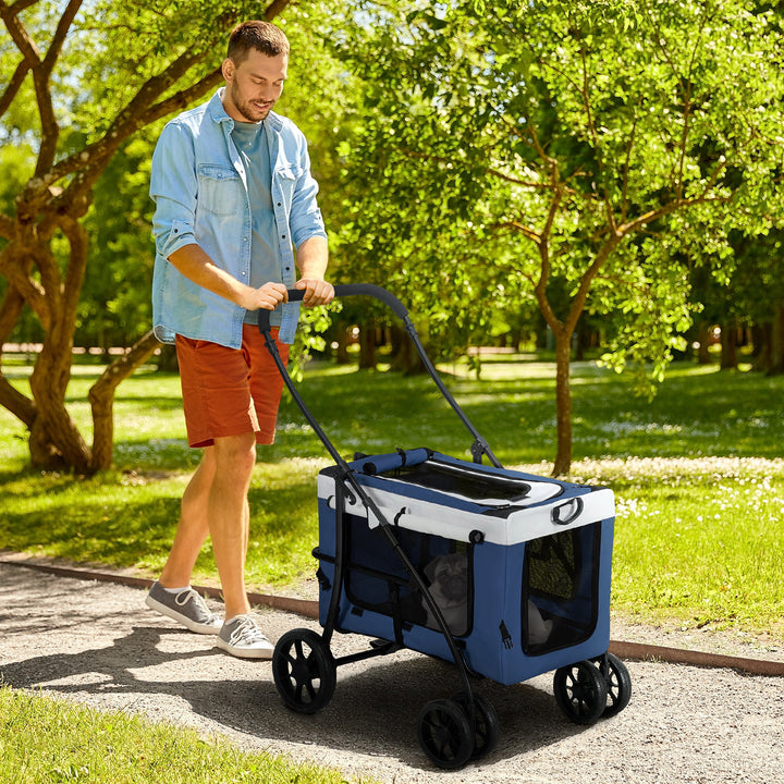 Carrinho para Animais de Estimação Carrinho para Cães Dobrável com Compartimento Desmontável 4 Portas com Fecho de Correr 2 Correias de Segurança e de Transporte 81x58x97,5 cm Azul