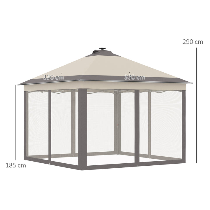 Pérgola Dobrável Exterior 3,3x3,3x2,9 m com Luzes LED e Controle Remoto Pérgola de Jardim com 4 Mosquiteiras Removíveis e Bolsa de Transporte para Acampamento Festas Bege