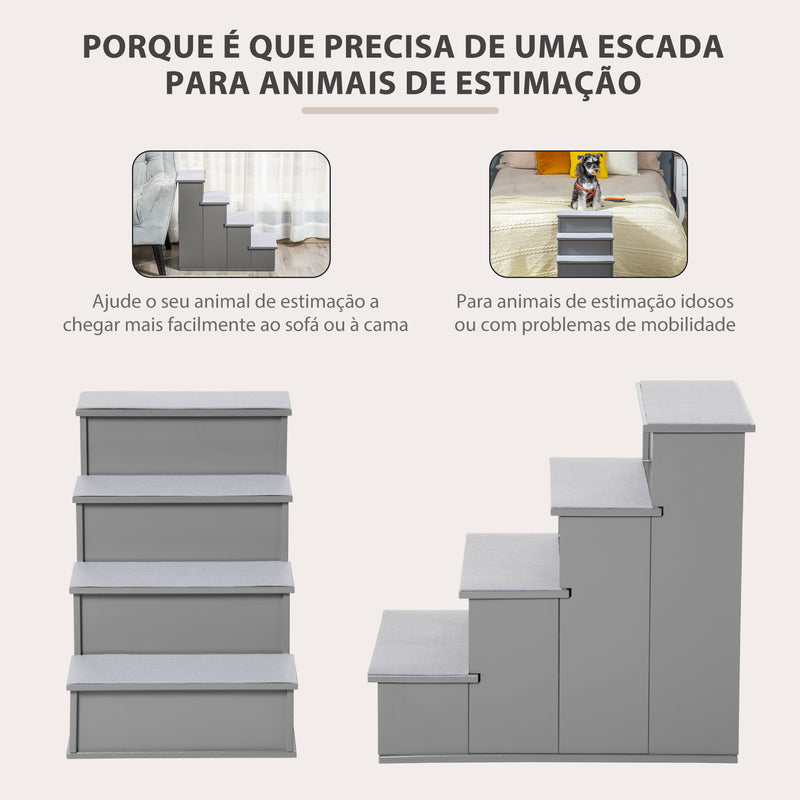 Escada para Animais de Estimação de 4 Degraus Escada para Cães e Gatos com Tapetes Antideslizantes Removíveis Carga 30 kg para Cama Sofá 40x59x54,2 cm Cinza