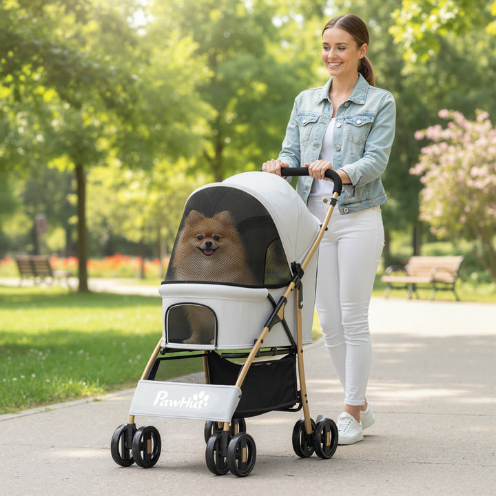 Carrinho para Cães Dobrável com Capota Ajustável Cesta de Armazenamento e Corda de Segurança para Animais de Estimação até 15 kg, 80x44,5x97 cm Cinzento Claro