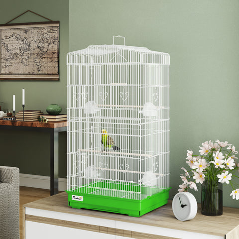 Gaiola para Pássaros, Gaiola de Metal com Portas 4 Comedouros 3 Poleiros Baloiço Bandeja Removível e Alça de Transporte para Loro Canário Periquito 46,5x35,5x92 cm Verde