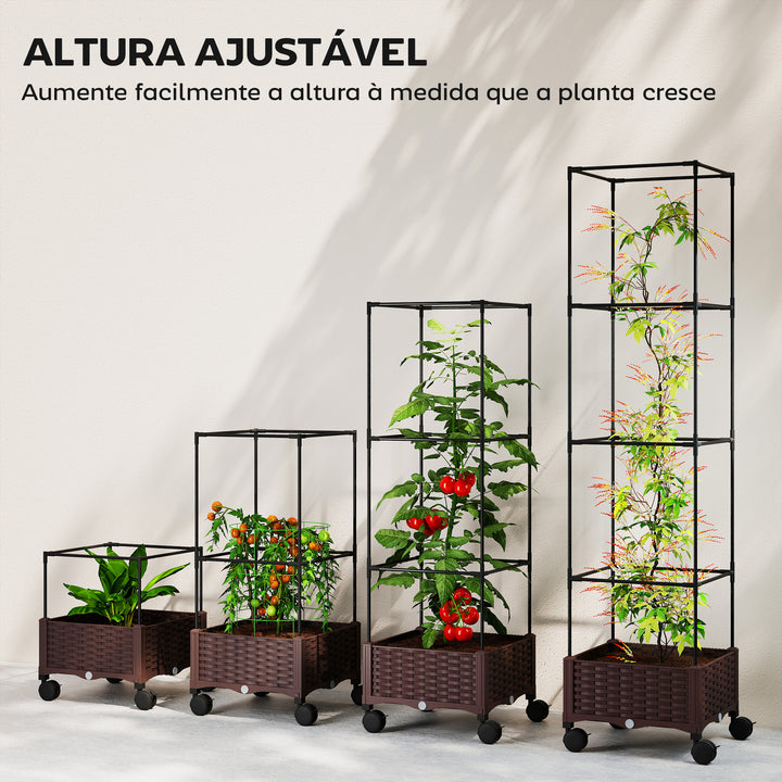 Floreira com Treliça Ajustável Floreira Exterior com Rodas Bloqueáveis para Plantas Trepadeiras com Orifícios de Drenagem Floreira Elevada para Jardim Pátio Terraço 40x40x165 cm Castanho