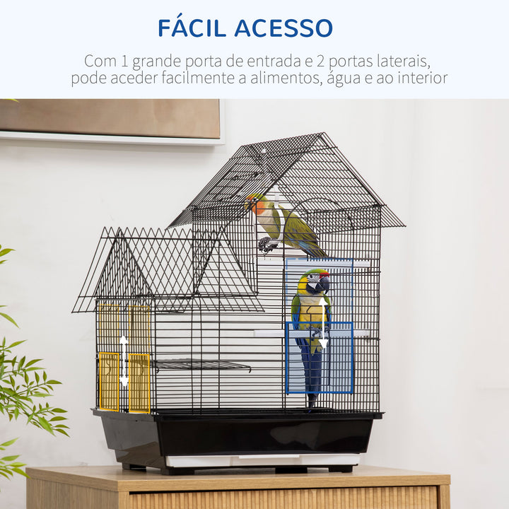 Gaiola para Pássaros 39x33x47cm Gaiola para Pássaros de Metal com 3 Portas 2 Comedouros 2 Poleiros Baloiço Bandeja Amovível e Alça de Transporte para Canários Periquitos Preto