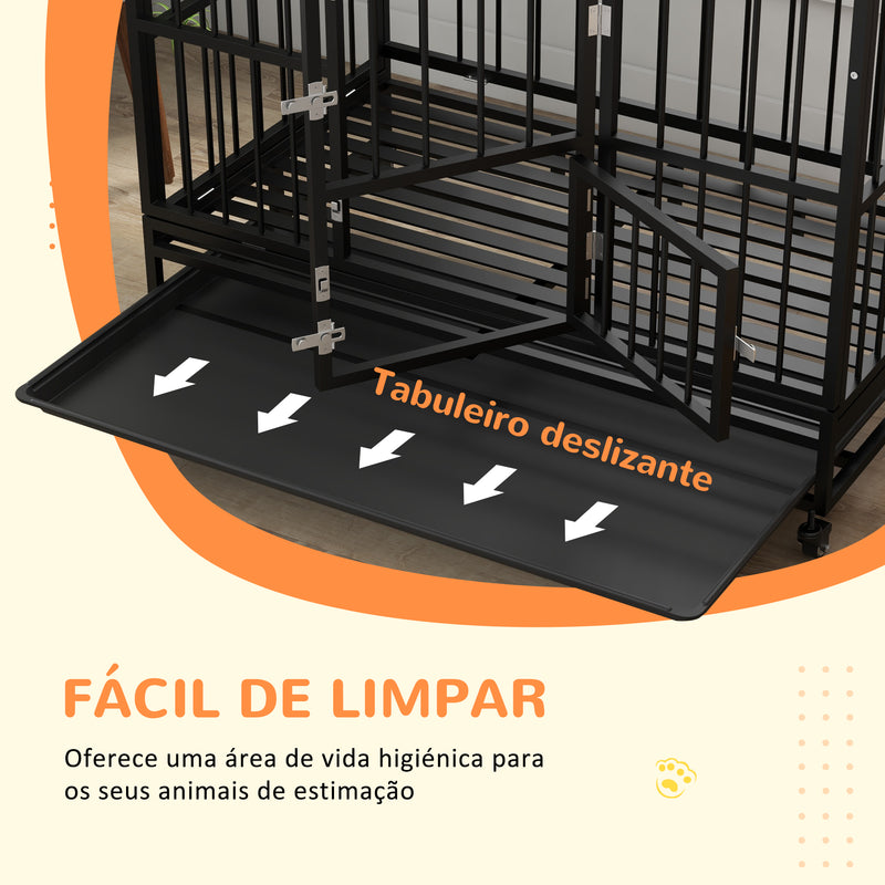 Gaiola para Cães Grandes 123x74x125 cm Canil Metálico com Rodas Bandeja Removível Trancas 2 Portas Frontais 1 Porta no Teto e Estrutura de Aço Preto