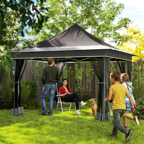 Tenda Dobrável 3,5x3,5x3 m Tenda de Jardim com Altura Ajustável 4 Mosquiteiros Proteção UV50+ Impermeável e Bolsa de Transporte Tenda para Eventos Campismo Cinza Escuro