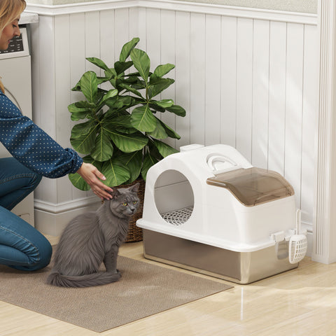 Caixa de Areia para Gatos Coberta Caixa de Areia Fechada com Bandeja de Aço Inoxidável Tampa Removível Bordos Altos Tapetes Pá sem Olor Fácil de Limpar para Gatos Grandes 60,5x40,5x42 cm Branco