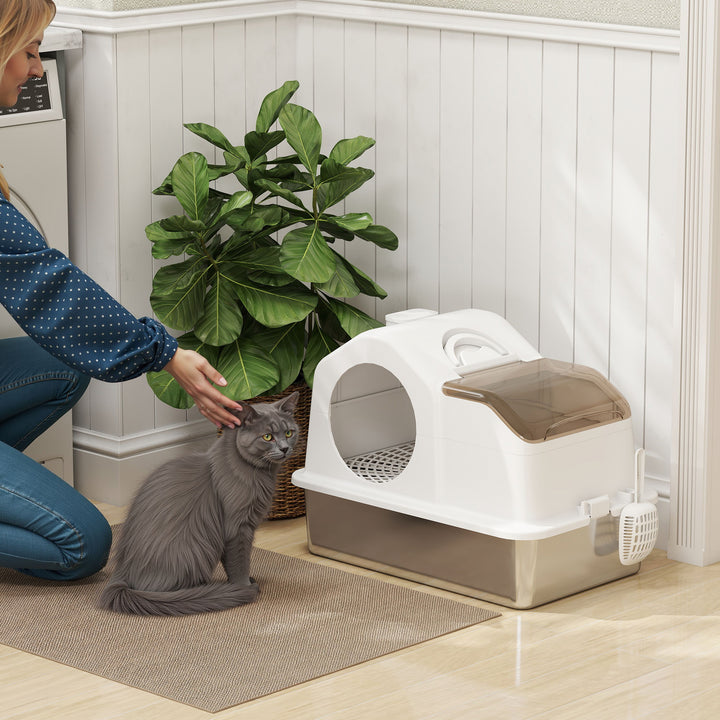 Caixa de Areia para Gatos Coberta Caixa de Areia Fechada com Bandeja de Aço Inoxidável Tampa Removível Bordos Altos Tapetes Pá sem Olor Fácil de Limpar para Gatos Grandes 60,5x40,5x42 cm Branco