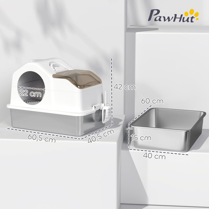 Caixa de Areia para Gatos Coberta Caixa de Areia Fechada com Bandeja de Aço Inoxidável Tampa Removível Bordos Altos Tapetes Pá sem Olor Fácil de Limpar para Gatos Grandes 60,5x40,5x42 cm Branco