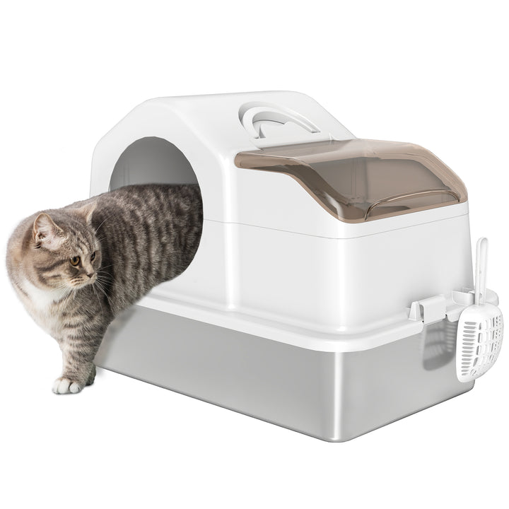 Caixa de Areia para Gatos Coberta Caixa de Areia Fechada com Bandeja de Aço Inoxidável Tampa Removível Bordos Altos Tapetes Pá sem Olor Fácil de Limpar para Gatos Grandes 60,5x40,5x42 cm Branco