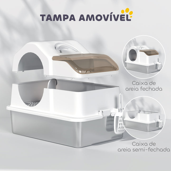 Caixa de Areia para Gatos Coberta Caixa de Areia Fechada com Bandeja de Aço Inoxidável Tampa Removível Bordos Altos Tapetes Pá sem Olor Fácil de Limpar para Gatos Grandes 60,5x40,5x42 cm Branco
