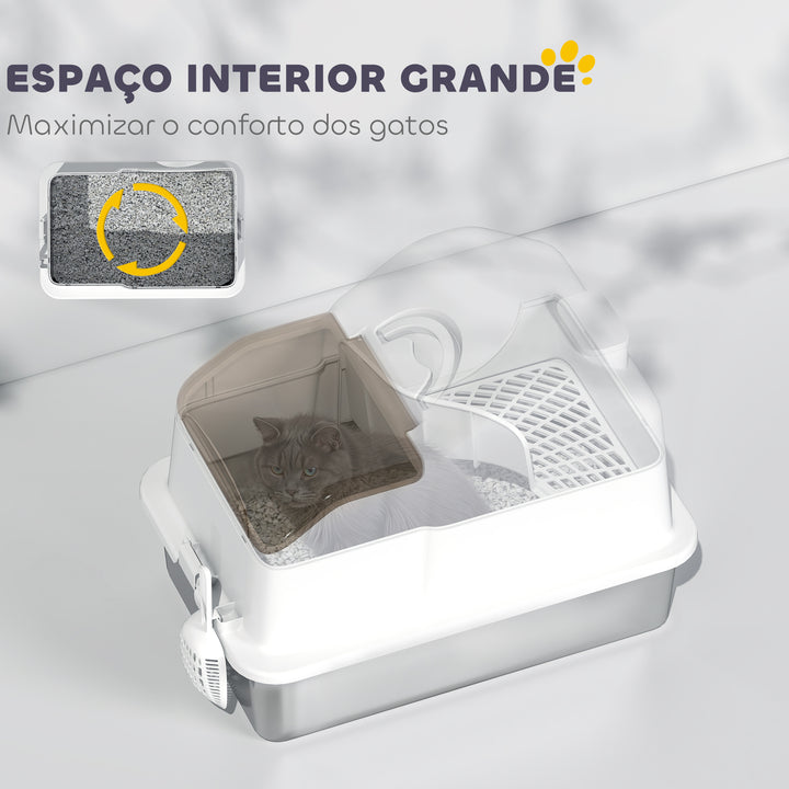 Caixa de Areia para Gatos Coberta Caixa de Areia Fechada com Bandeja de Aço Inoxidável Tampa Removível Bordos Altos Tapetes Pá sem Olor Fácil de Limpar para Gatos Grandes 60,5x40,5x42 cm Branco