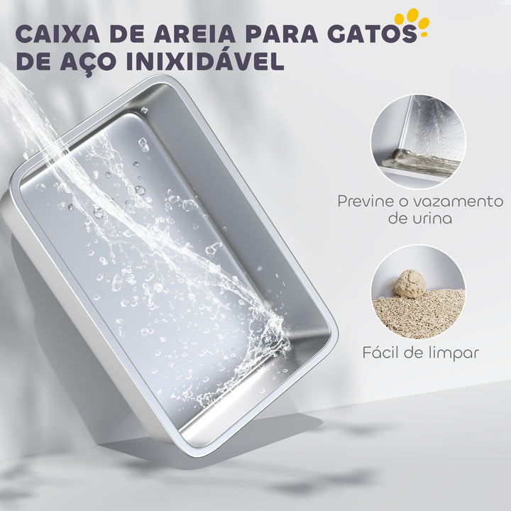 Caixa de Areia para Gatos Coberta Caixa de Areia Fechada com Bandeja de Aço Inoxidável Tampa Removível Bordos Altos Tapetes Pá sem Olor Fácil de Limpar para Gatos Grandes 60,5x40,5x42 cm Branco